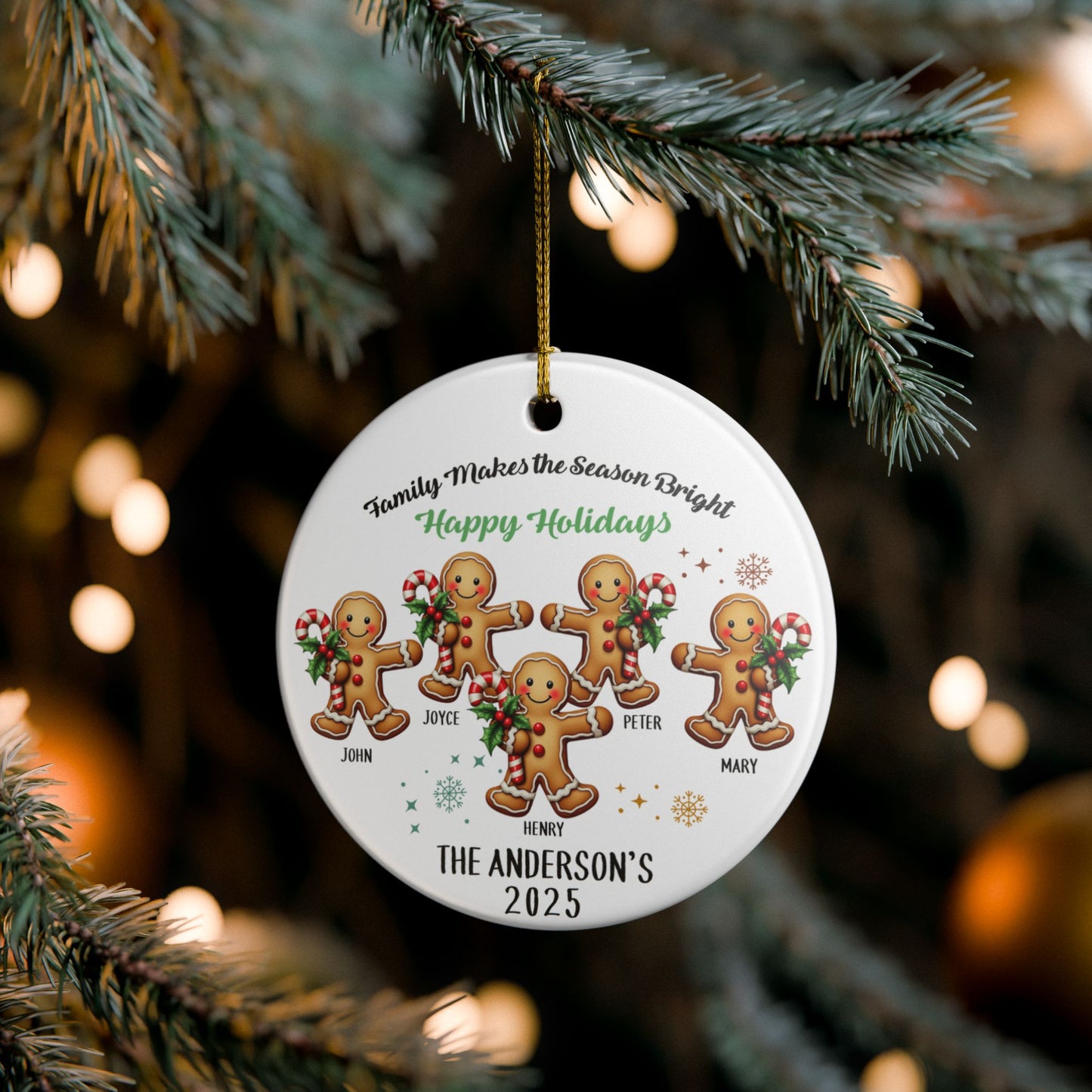 Personalized Gingerbread Family of 5 Christmas Ornament