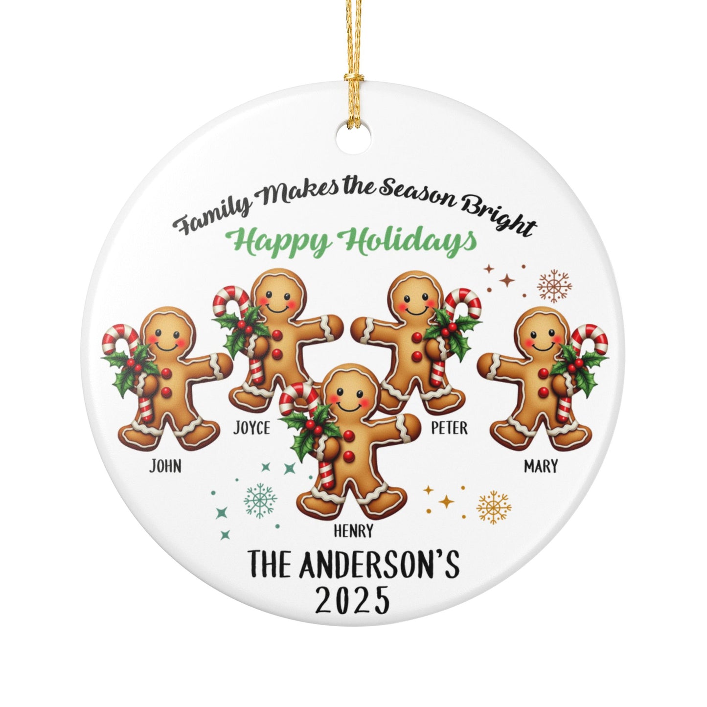 Personalized Gingerbread Family of 5 Christmas Ornament