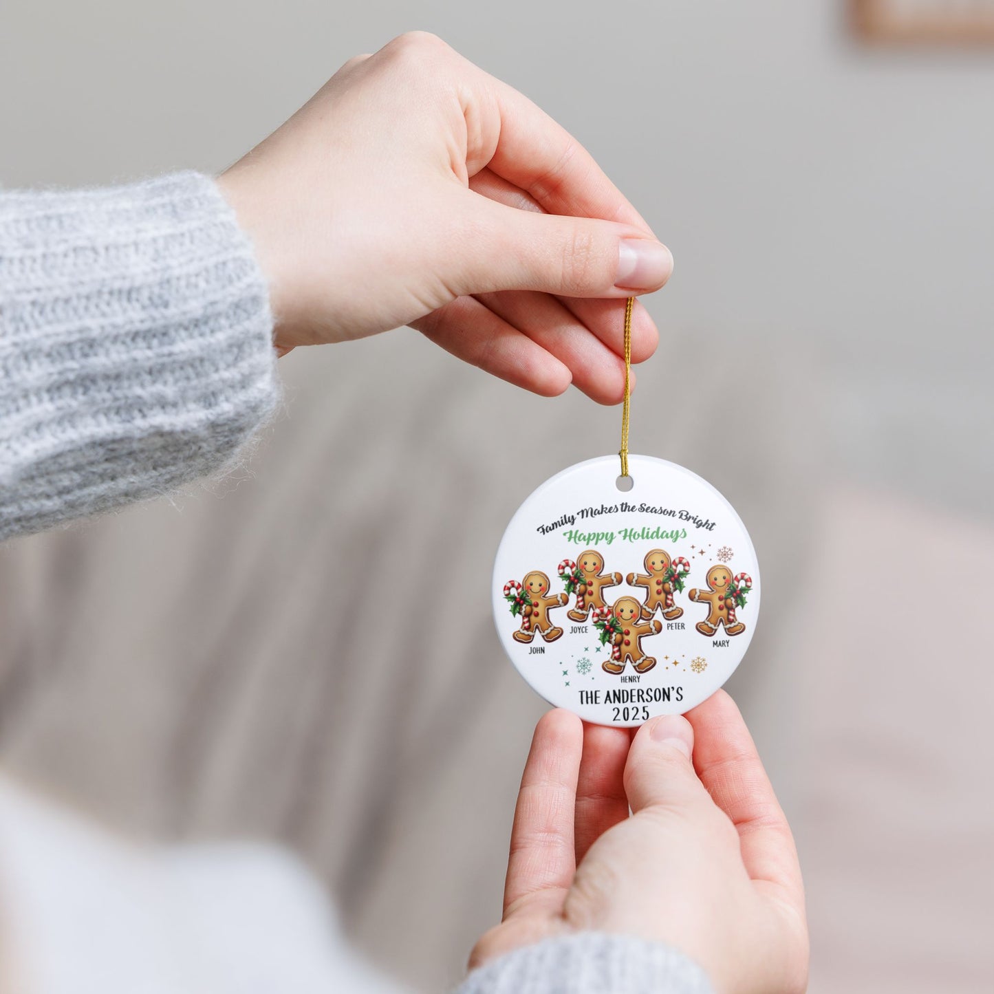 Personalized Gingerbread Family of 5 Christmas Ornament