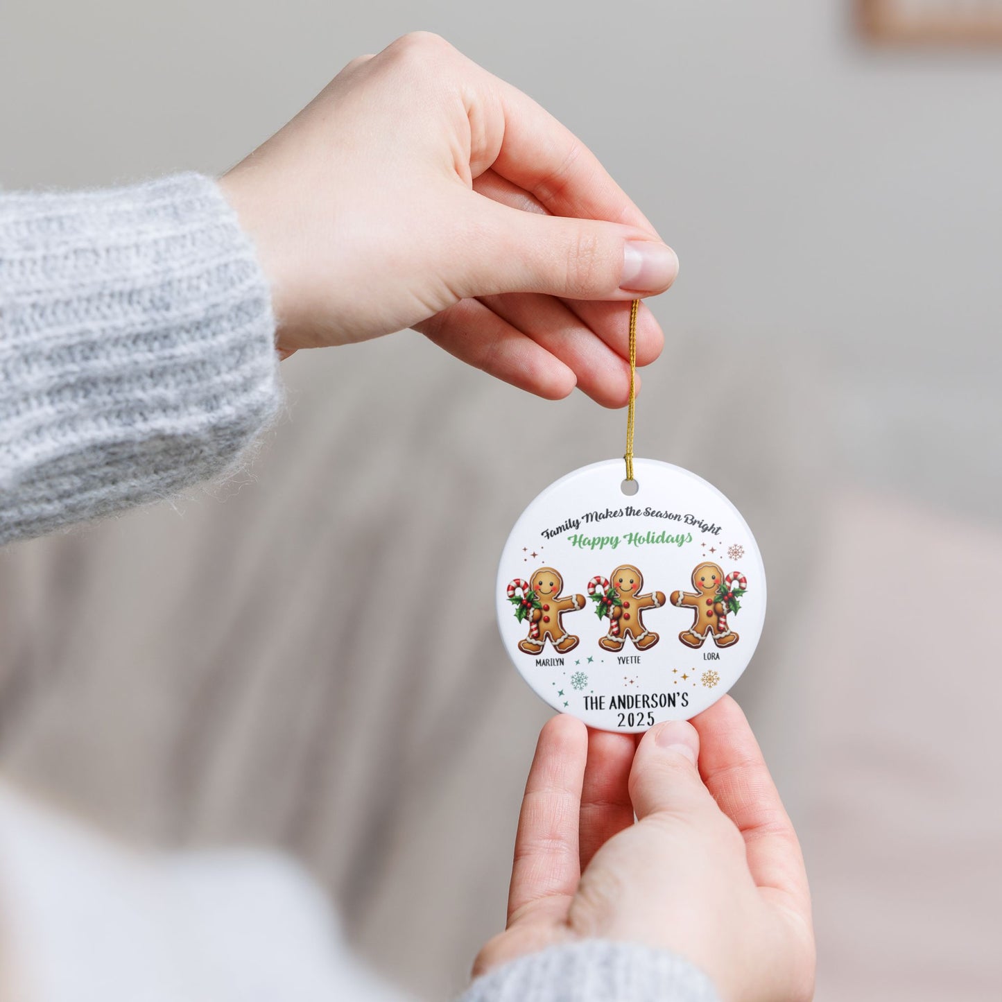 Personalized Gingerbread Family of 3 Christmas Ornament