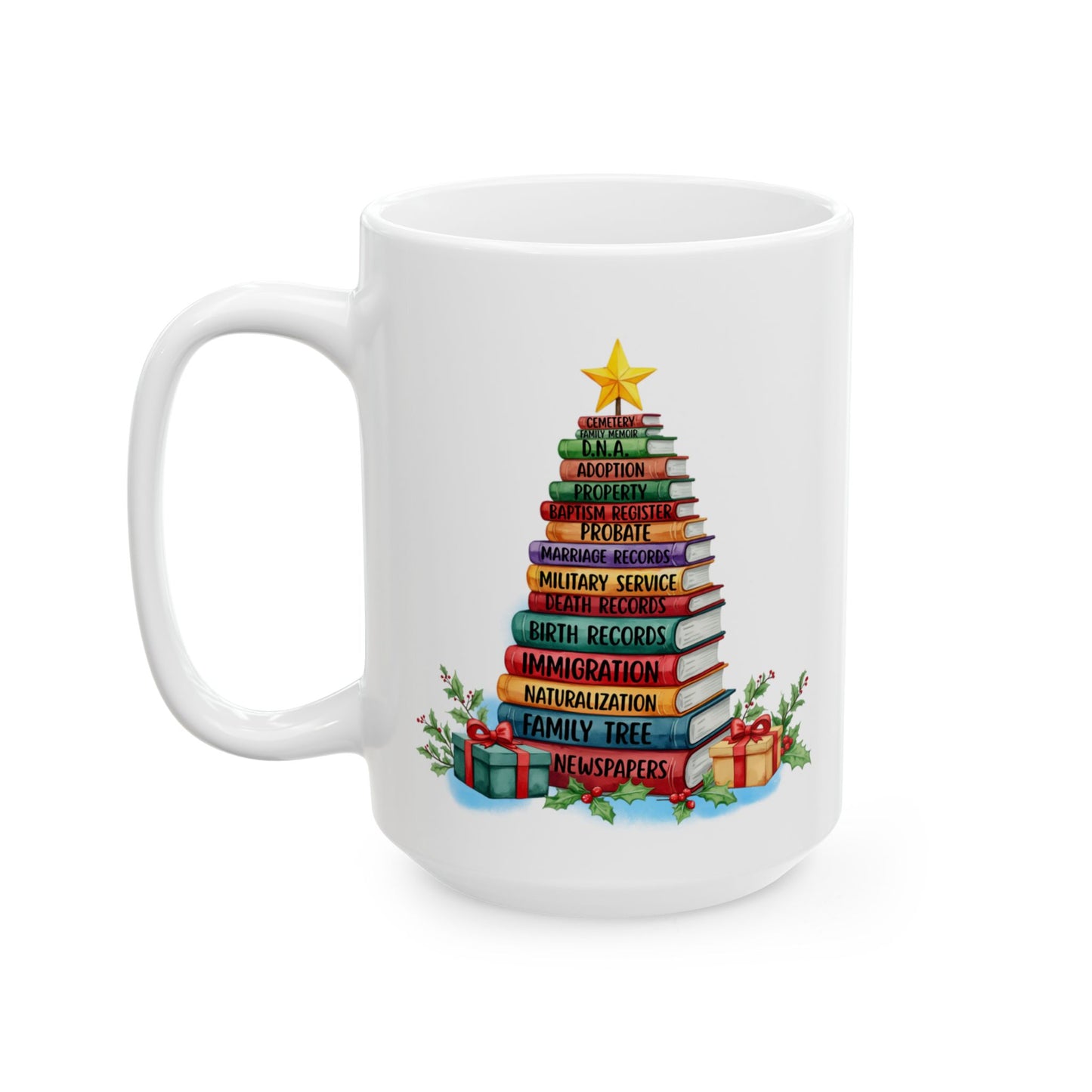Genealogy Christmas Mug with Book Tree
