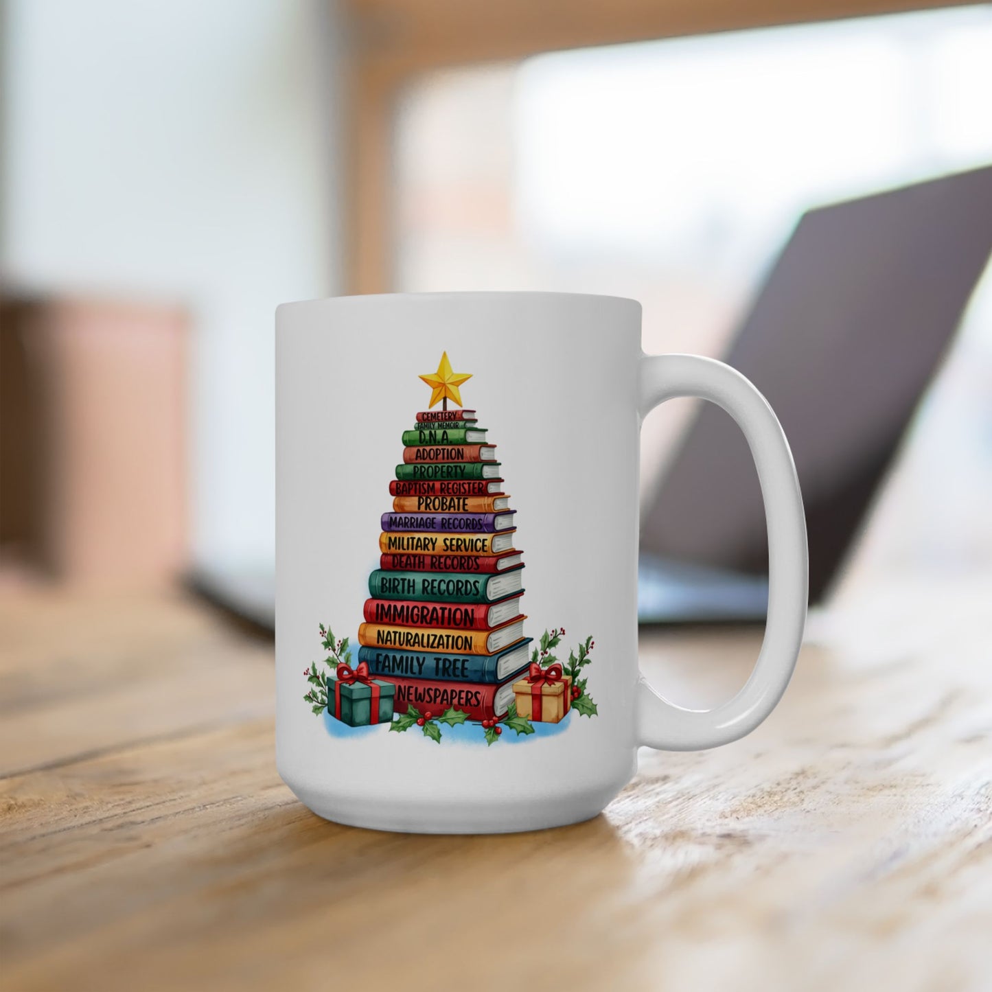 Genealogy Christmas Mug with Book Tree