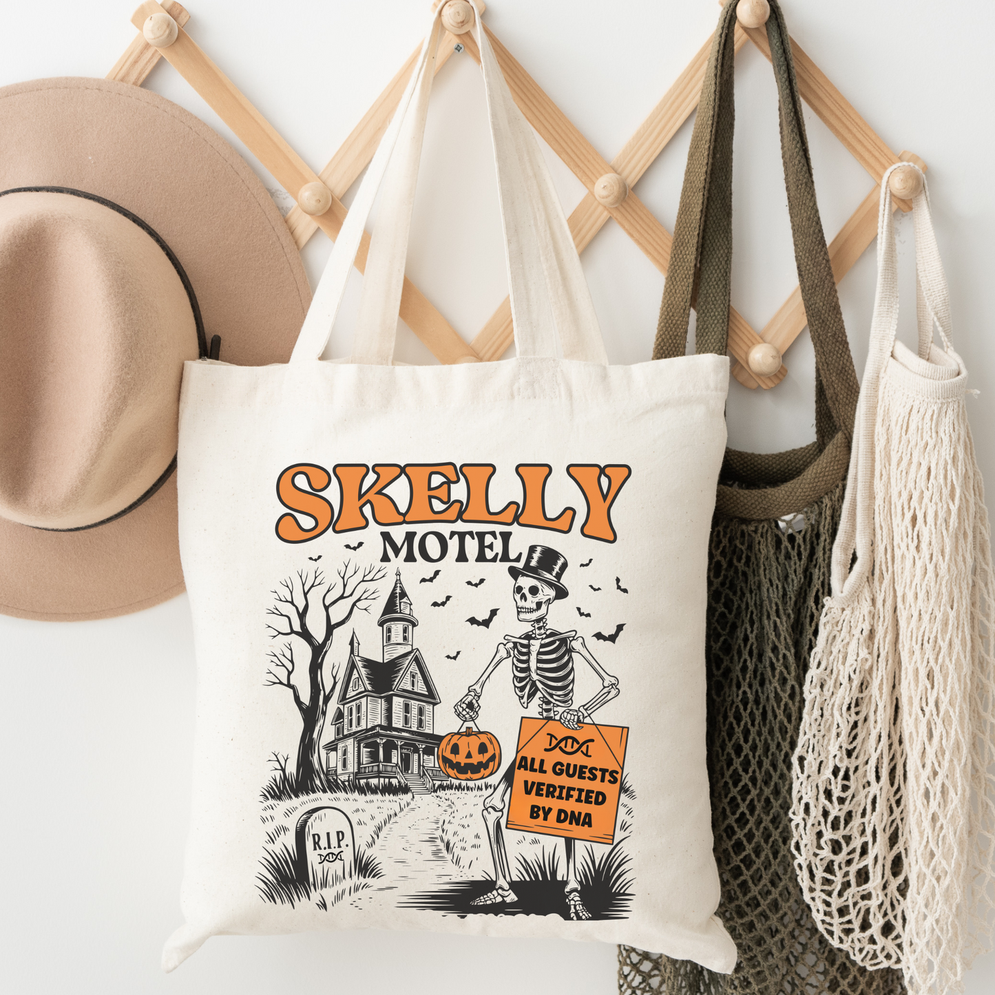 Funny Skeleton Motel DNA Tote Bag