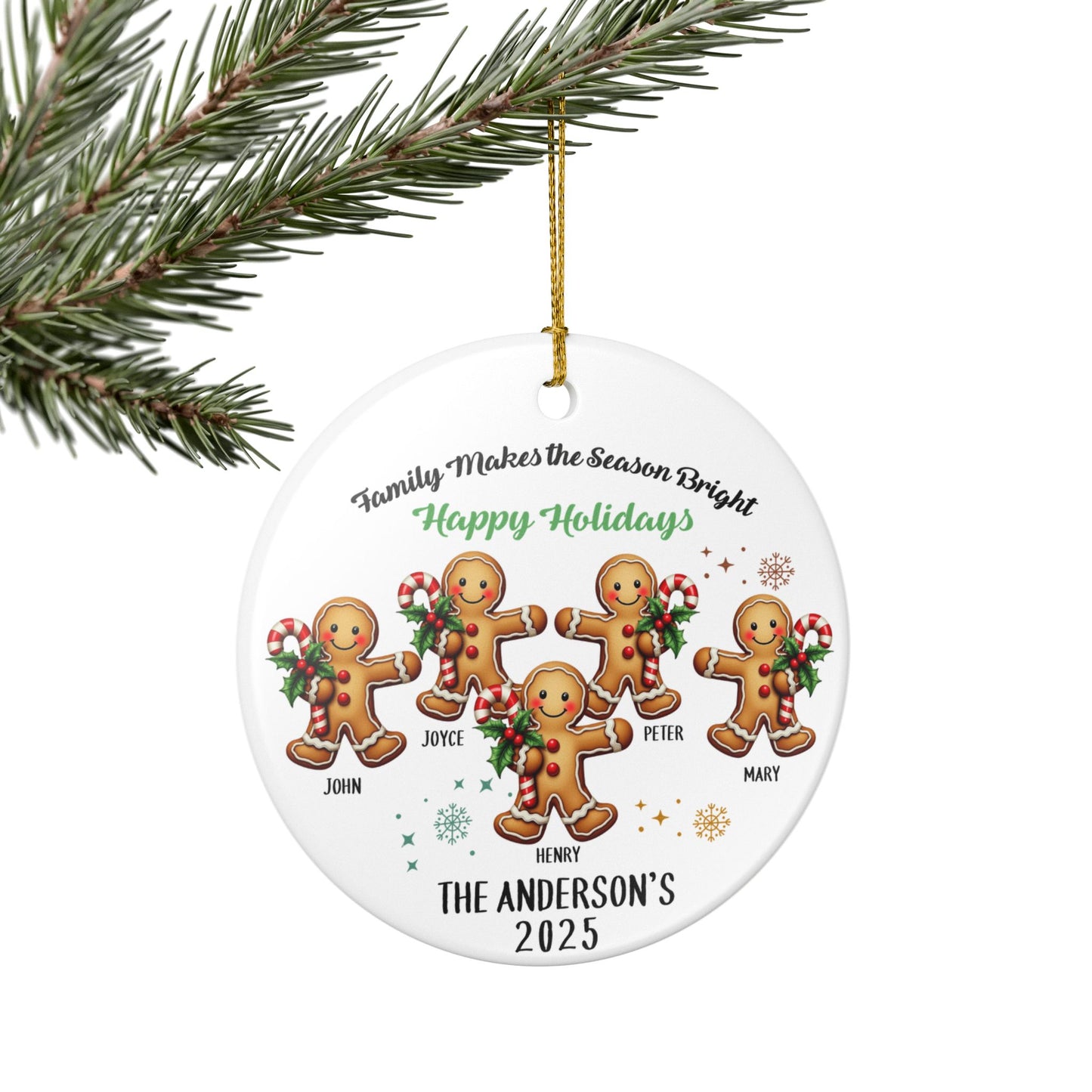 Personalized Gingerbread Family of 5 Christmas Ornament