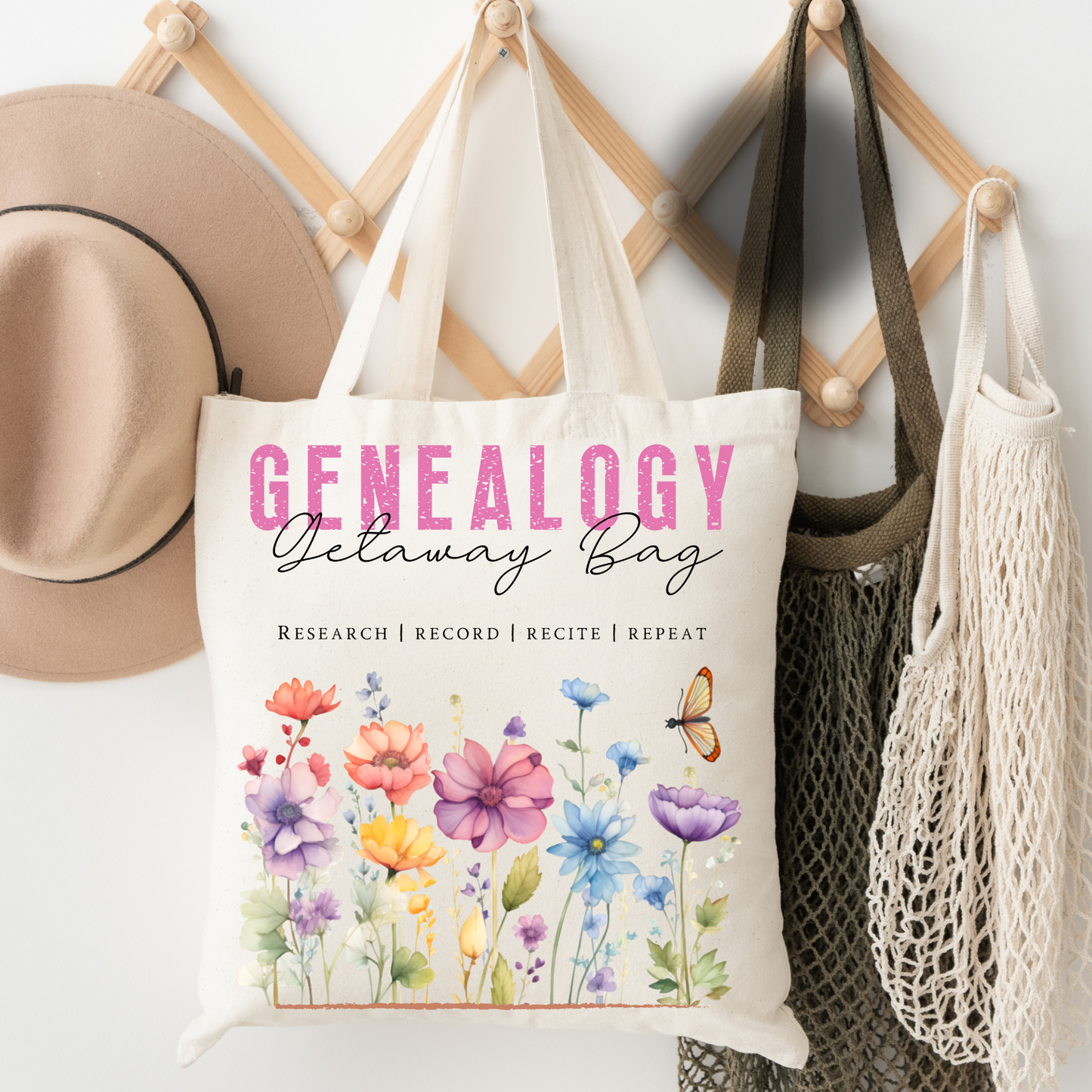 Pink Wildflower Genealogy Getaway Tote Bag for Family Historian