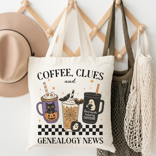 Coffee, Clues & Genealogy News Halloween Tote Bag