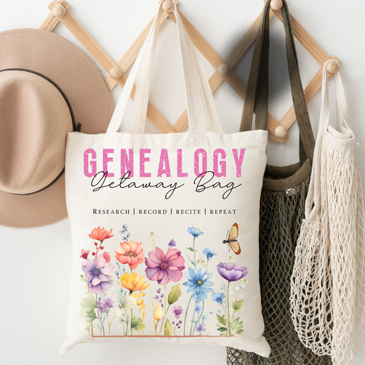 Pink Wildflower Genealogy Getaway Tote Bag for Family Historian